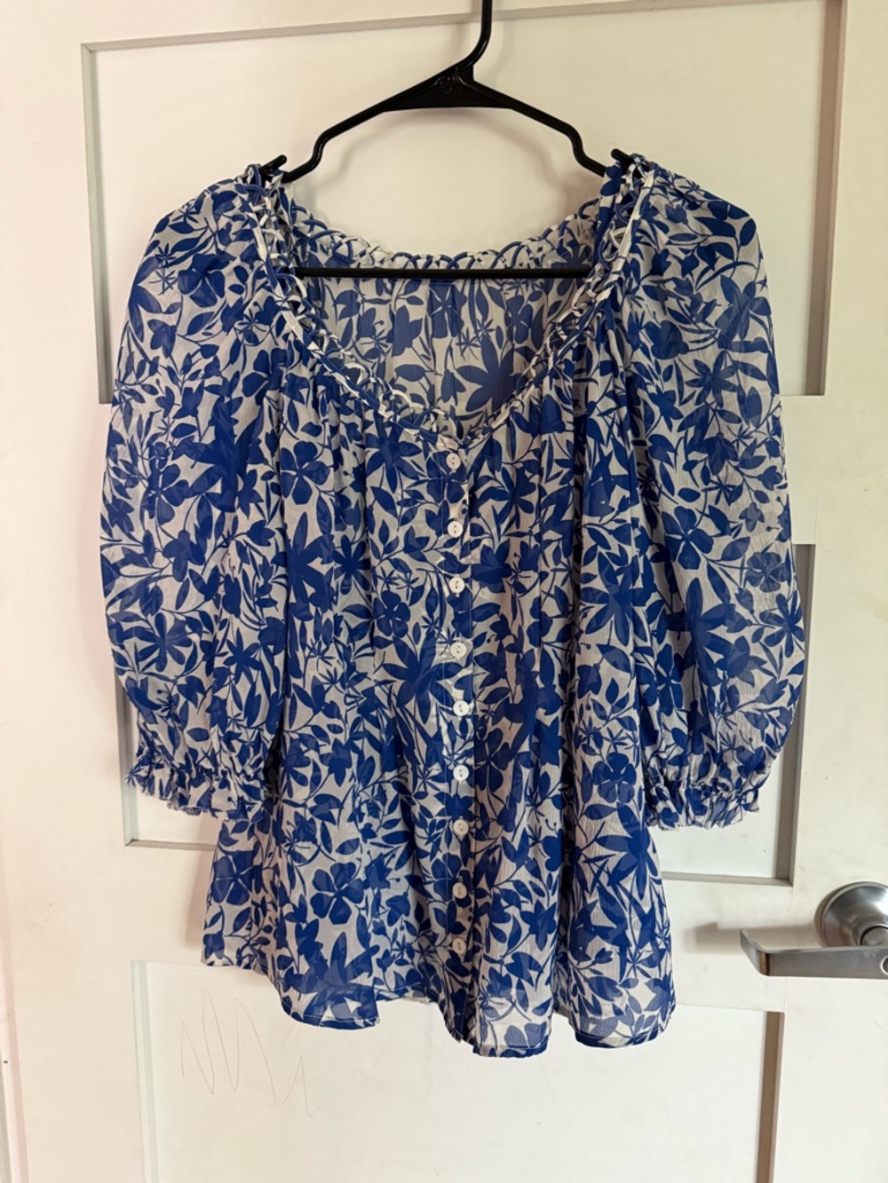 Silk Button-Front Peasant Blouse
